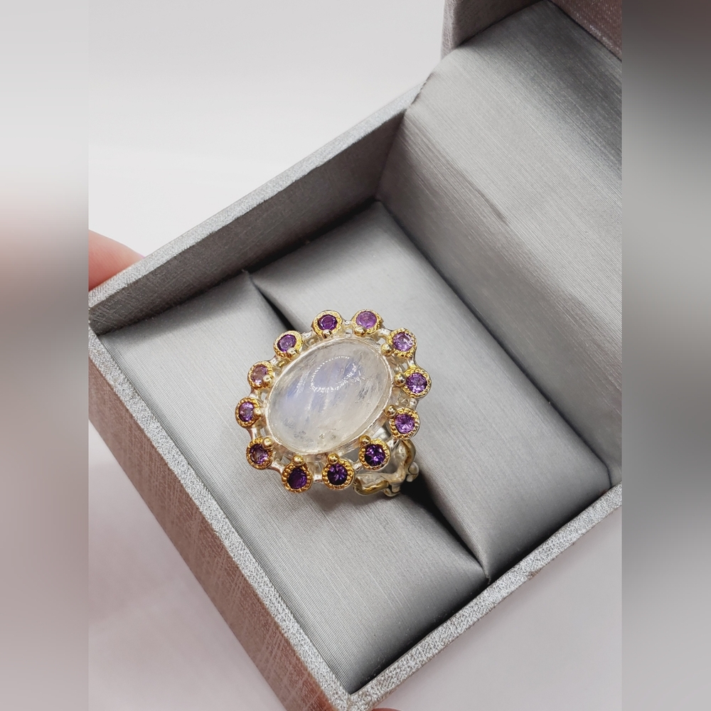 Genuine Moonstone & Purple Amethyst Sterling Silver / 18k Yellow Gold Halo Ring - Picture 2 of 6
